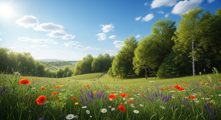 Lush meadow with wildflowers and trees under a blue skyの写真素材