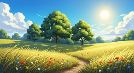 Idyllic meadow with wildflowers under a bright sunny skyの写真素材