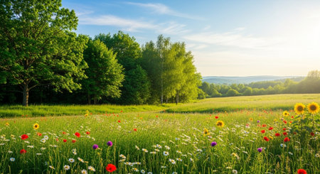 Sunlit meadow with wildflowers and trees on a sunny dayの写真素材