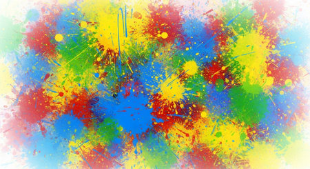 Bright multi-colored paint splatters creates a vibrant, abstract background