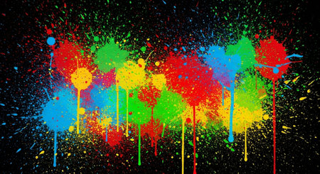 Colorful paint splatters on black background, abstract expressionism art