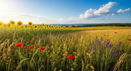 Summer sunflower and wildflower field under clear blue skyの写真素材