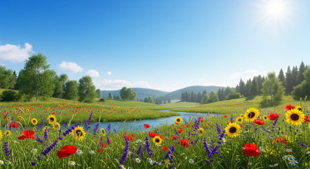 Scenic wildflower meadow with river on sunny dayの写真素材