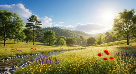 Serene mountain landscape with wildflowers, stream, and sunny skyの写真素材