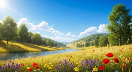 Tranquil river flowing through sunlit meadow with wildflowersの写真素材