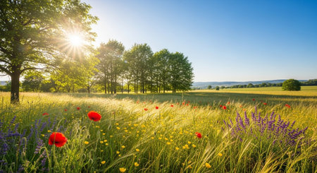 Tranquil summer meadow with vibrant wildflowers and clear skyの写真素材