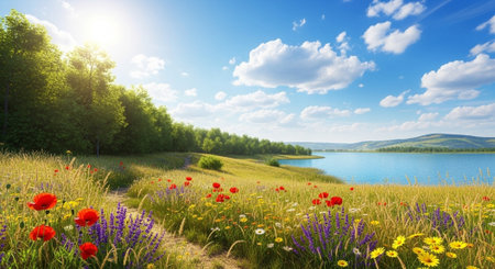 Lush meadow with wildflowers next to a calm lakeの写真素材