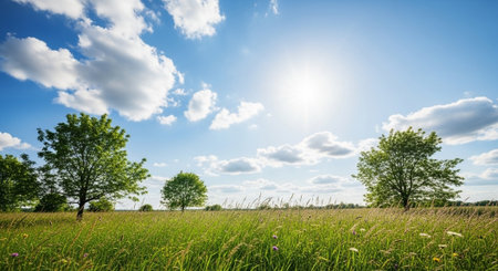 Scenic landscape with trees and grass under bright skyの写真素材