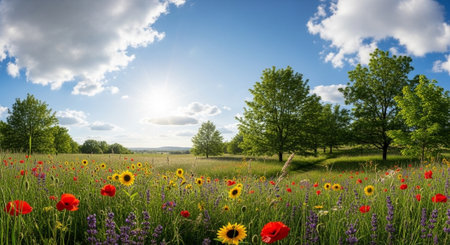 Sunlit meadow with wildflowers and trees under a bright skyの写真素材