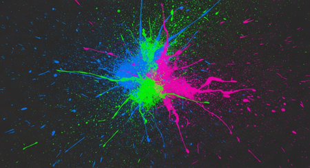 Vibrant paint splatter explosion against a dark backgroundの写真素材