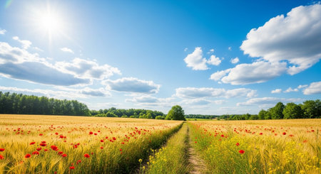 Golden wheat field with poppies under a blue skyの写真素材