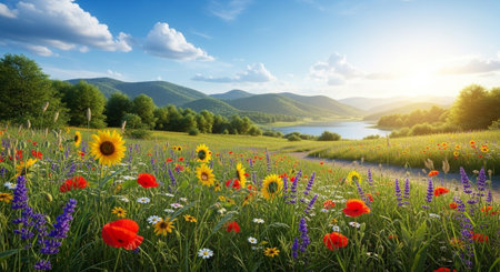 Vibrant meadow with wildflowers, distant hills and blue sky