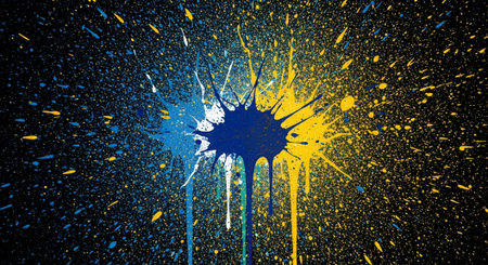 Abstract splatter art with blue and yellow color burst