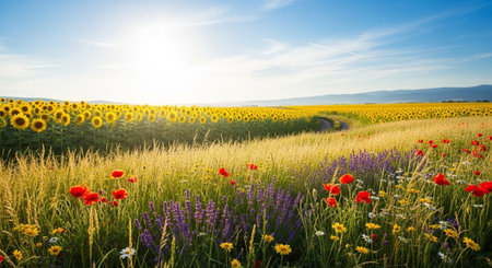 Sunflowers and wildflowers in summer field under bright sky