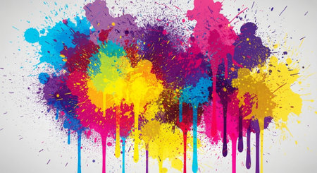 Colorful paint splash background with dripping effect on white