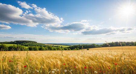 Golden wheat field with blue sky and fluffy cloudsの写真素材