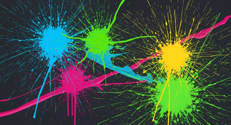 Abstract neon paint splatters on dark grey background artwork