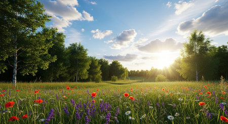 Scenic meadow with wildflowers, trees and bright sunlight landscapeの写真素材