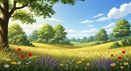 Vibrant wildflower meadow with rolling hills and clear skyの写真素材