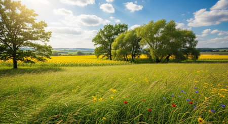 Picturesque sunflower field landscape with trees and blue sky