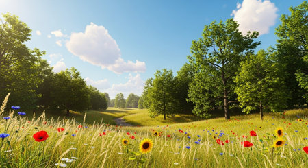Scenic meadow with wildflowers and trees under blue skyの写真素材