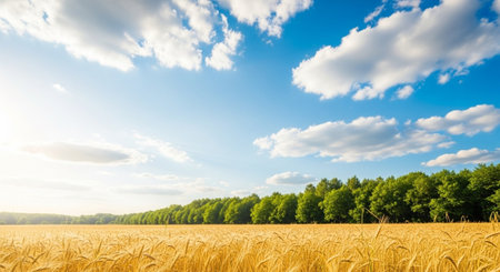 Golden wheat field under bright blue sky with cloudsの写真素材