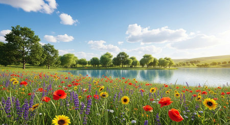 Vibrant meadow with wildflowers and lake under clear skyの写真素材