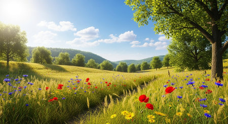 Idyllic meadow with wildflowers under blue sky and sunの写真素材
