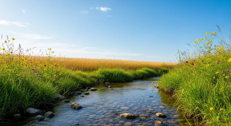 Scenic waterway through wheat field and wildflowers under blue skyの写真素材