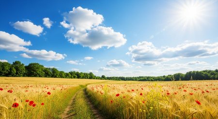 Idyllic landscape with golden wheat field and bright sunshineの写真素材