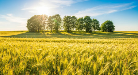 Golden wheat field with row of trees at sunsetの写真素材