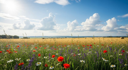 Scenic field with wildflowers against blue sky and cloudsの写真素材