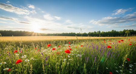 Golden wheat field with colorful wildflowers at sunsetの写真素材