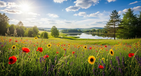 Vibrant wildflower meadow under a bright blue summer skyの写真素材