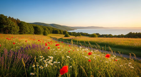 Scenic field with wildflowers overlooking lake at sunrise