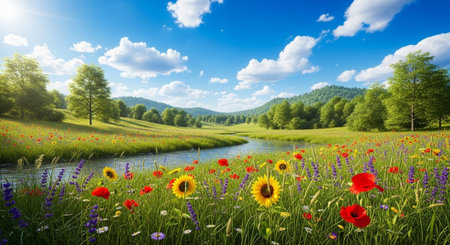 Scenic meadow with wildflowers and flowing stream on sunny day