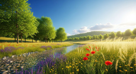 Peaceful meadow landscape with river, flowers, and blue sky