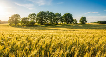 Golden wheat field at sunrise with trees in backgroundの写真素材