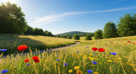 Idyllic meadow with wildflowers beneath a clear blue skyの写真素材