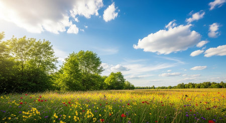 Vibrant wildflowers bloom in a sunny meadow landscapeの写真素材