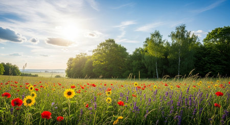 Floral Meadow Landscape With Sunflowers, Poppies and Blue Sky