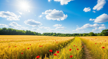 Golden wheat field with red poppies and blue skyの写真素材