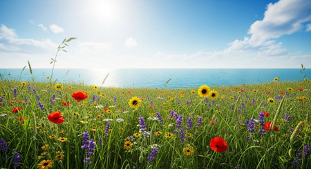 Vibrant wildflower meadow by the sea under a bright skyの写真素材