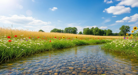 Scenic river flowing through a vibrant summer wildflower meadowの写真素材