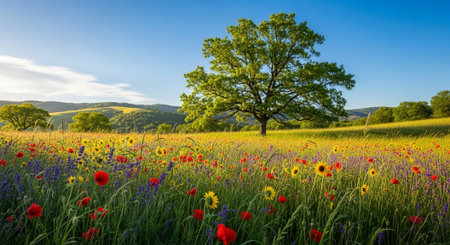 Vibrant wildflower meadow with large tree and sunny sky