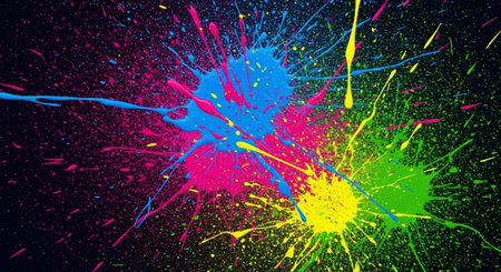 Colorful paint splatters against a dark backdrop creating vibrancy