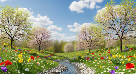 Idyllic spring landscape with meadow, stream and flowering treesの写真素材