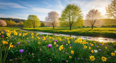 Serene spring meadow with blooming flowers and trees landscape