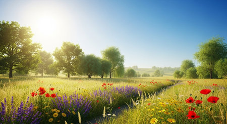Tranquil meadow with vibrant wildflowers under a clear blue skyの写真素材