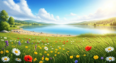 Idyllic lakeside meadow with vibrant flowers and gentle sunlightの写真素材